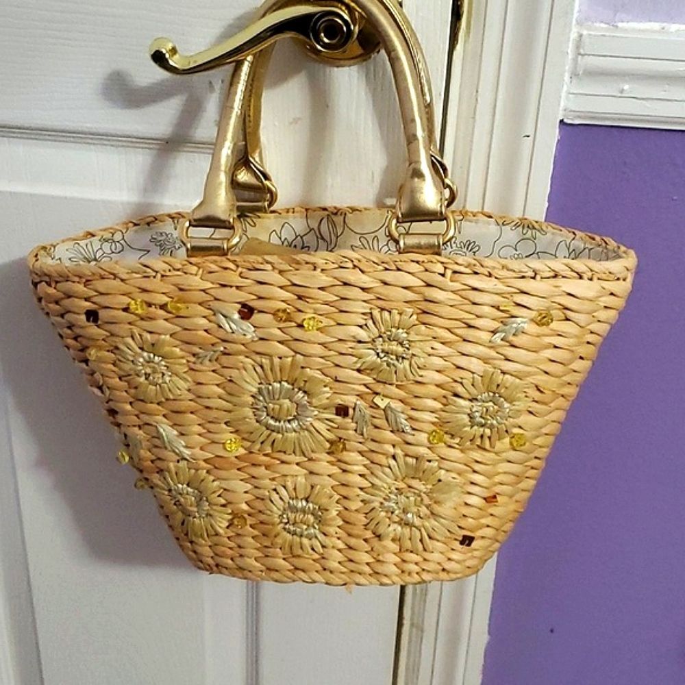Boho Beachy Straw Raffia Embroidered Embellished Medium Top Handle Handbag